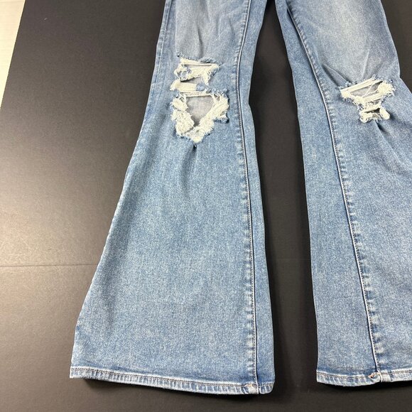 American Eagle Jean Women 27x30 Super Hi Rise Flare Blue Distressed Denim Tag 4L - Picture 6 of 16